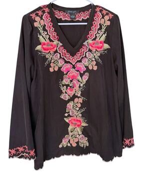 Faith & Zoe Floral Embroidered Tunic Blouse Women's S Boho Festival Black Pink